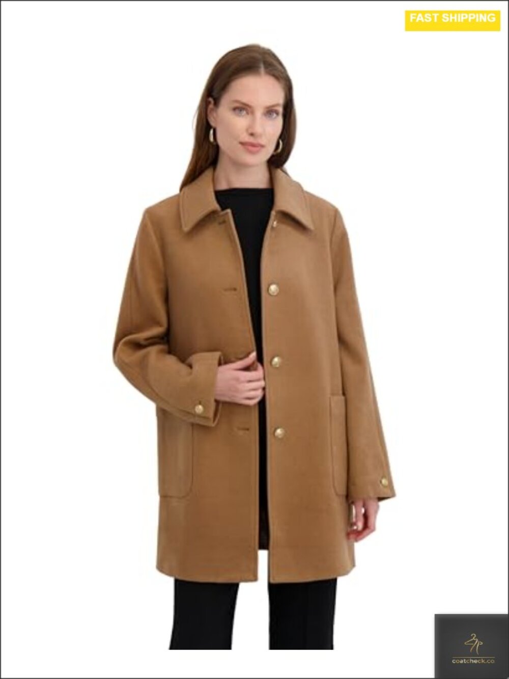 Wool Blend Single-Breasted Pea Coat with Satin Gold Buttons